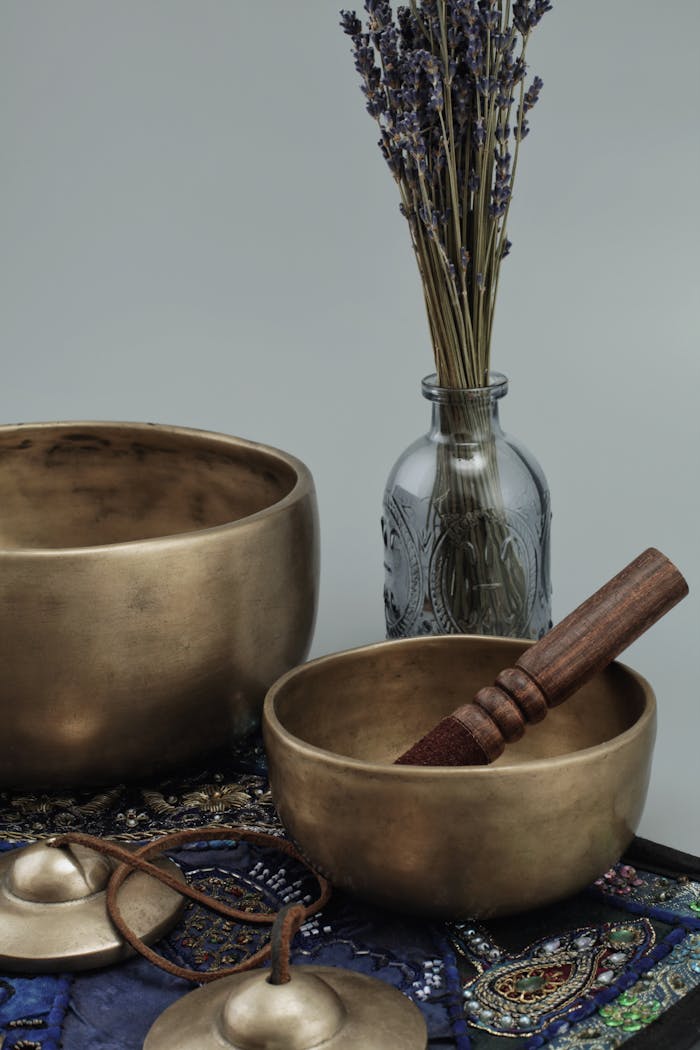 home-hero Tibetan singing bowls with lavender create a calming meditation space.